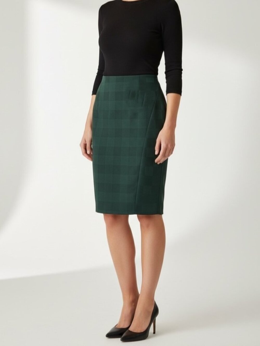 rag & bone Green Textured Check Pencil Skirt Stretch Midi Size 4 Career Office